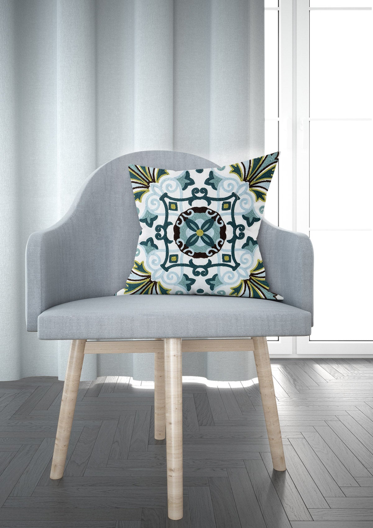 Blue and white floral cushion cover featuring delicate flower motifs and intricate patterns
