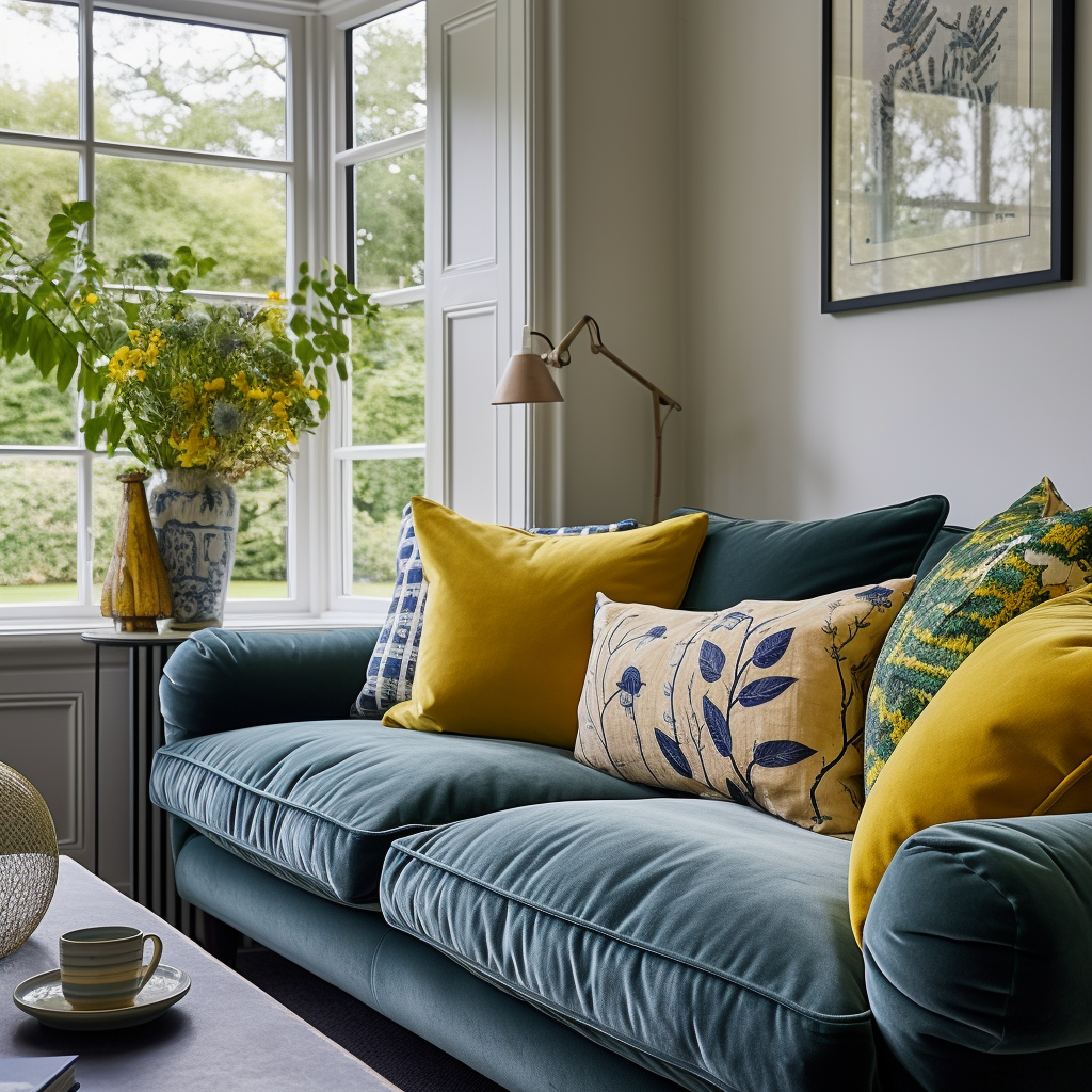 yellow and floral cushion covers on a green sofa