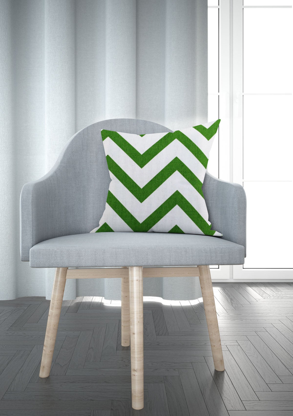 Green striped cushion cover on a cozy armchair
