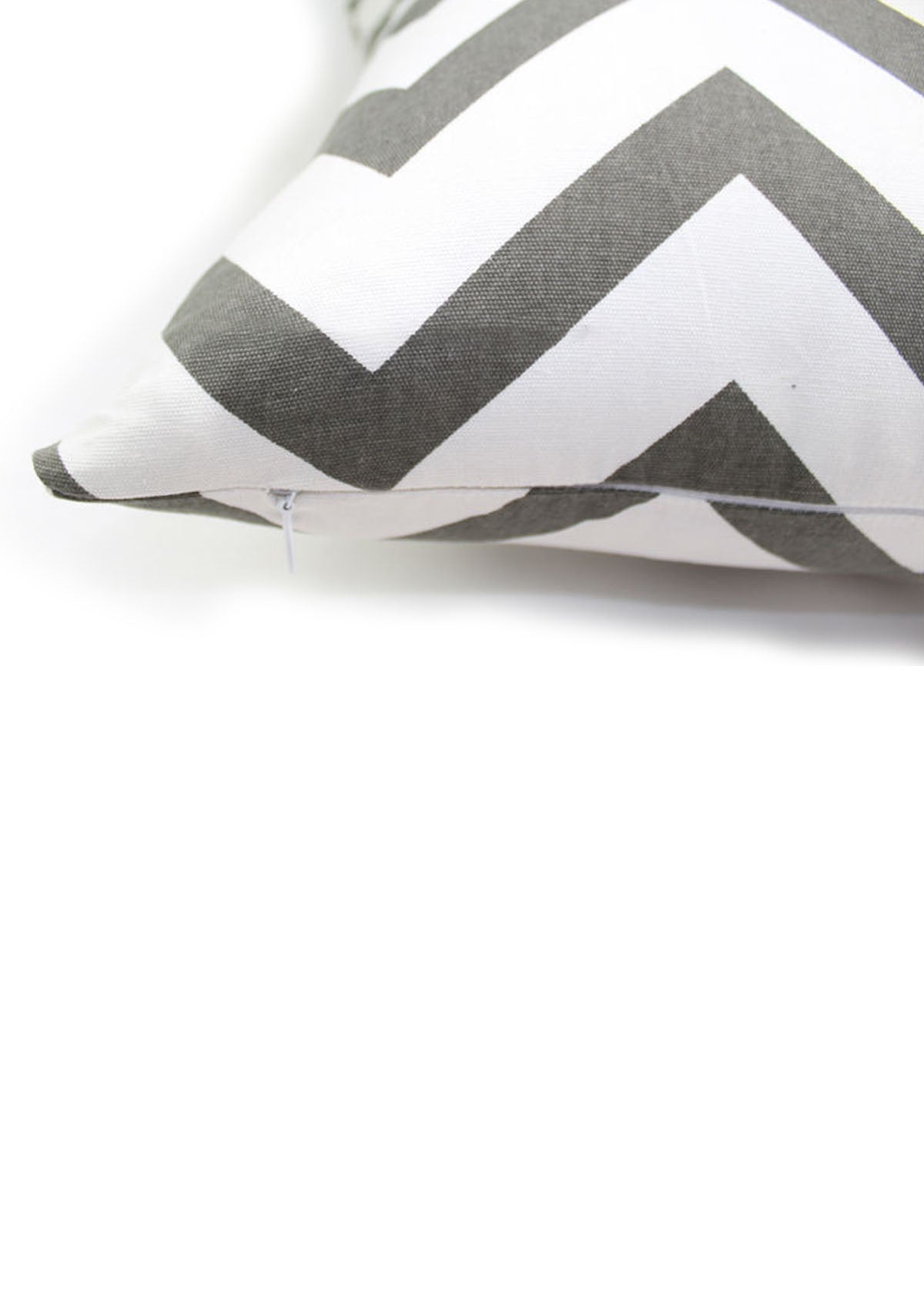 Close-up view of Elegance Harmony's grey and white zipped striped cushion cover.