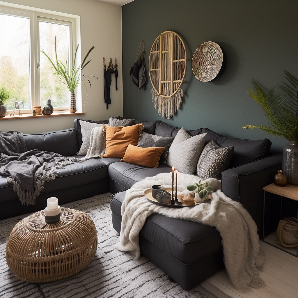 orange_and_grey_cushions on black sofa