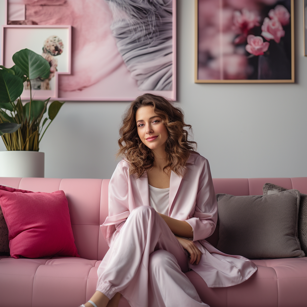 pink and grey cushions on pink sofa