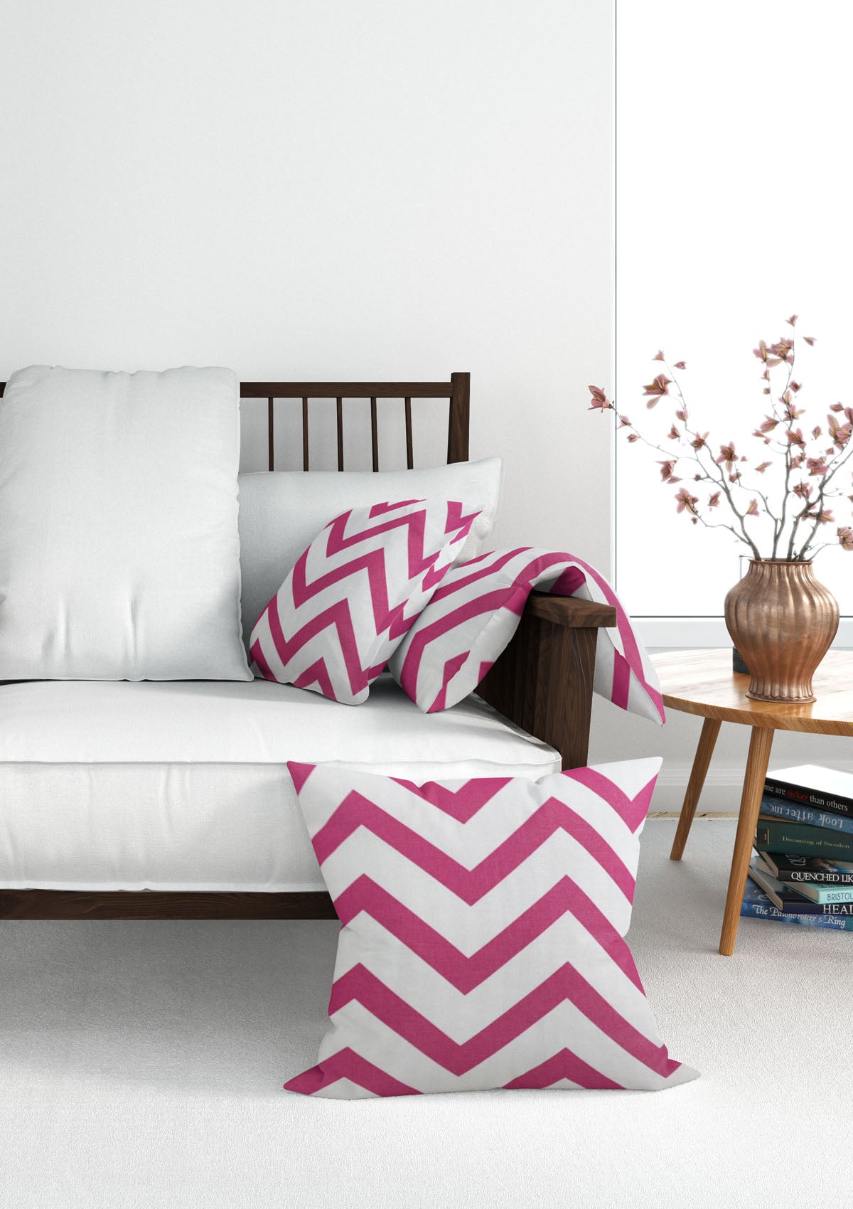 Pink striped cotton cushion cover on a sofa