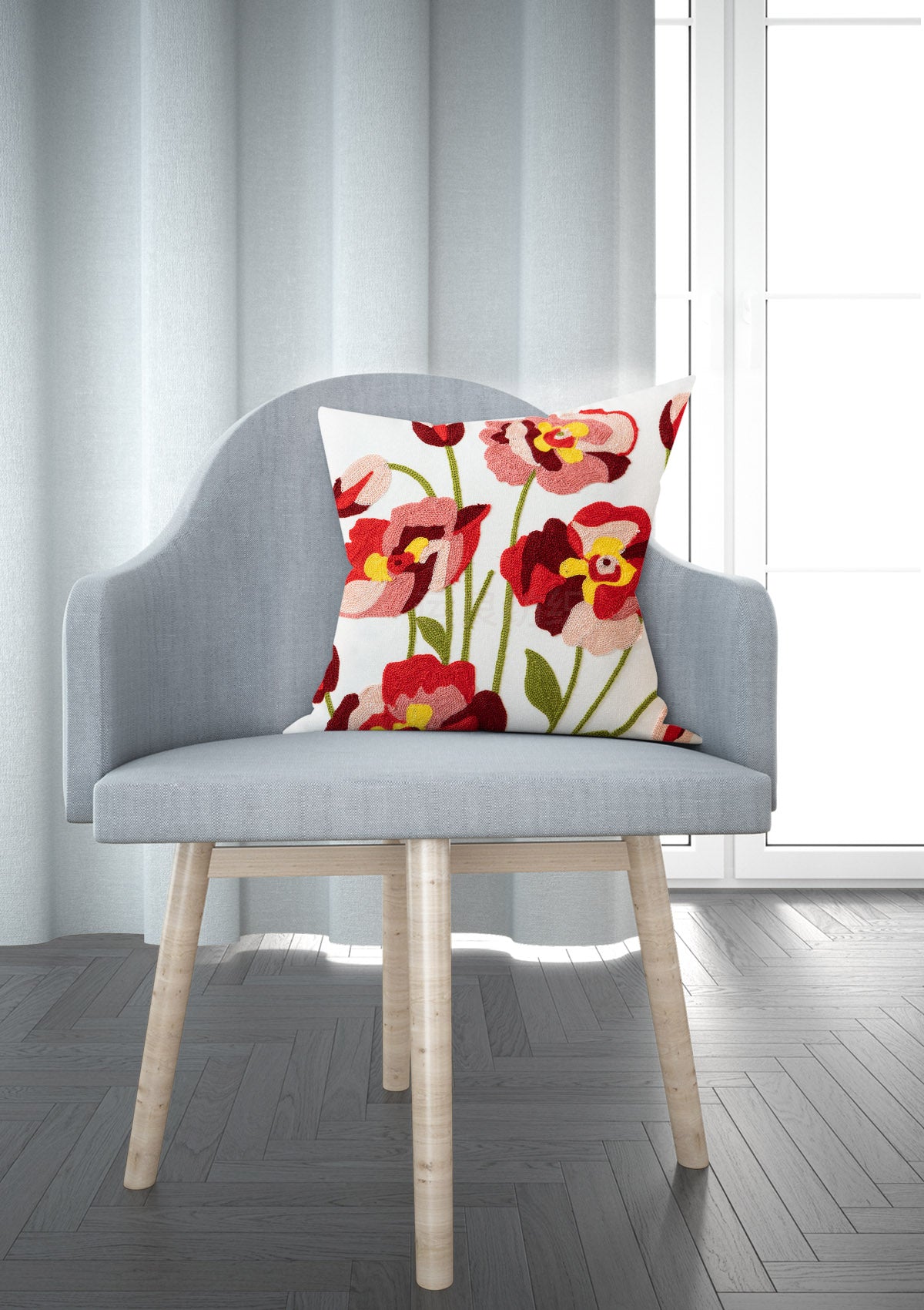 Bold red floral cushion cover with striking flower patterns, making a statement in your home deco