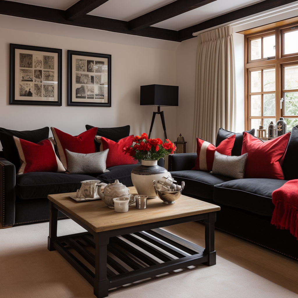 red cushions and grey cushions on a black sofa