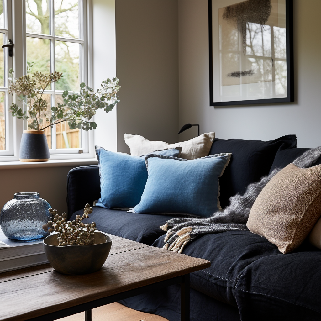 blue and beige cushions on a black sofa