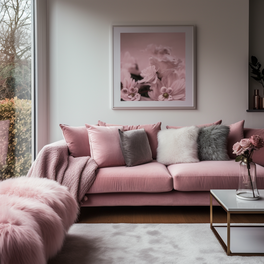 pink and grey velvet cushions and white sheepskin cushion cover on a pink sofa