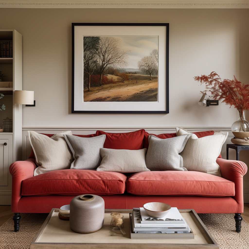 cream and grey cushion covers on a red sofa