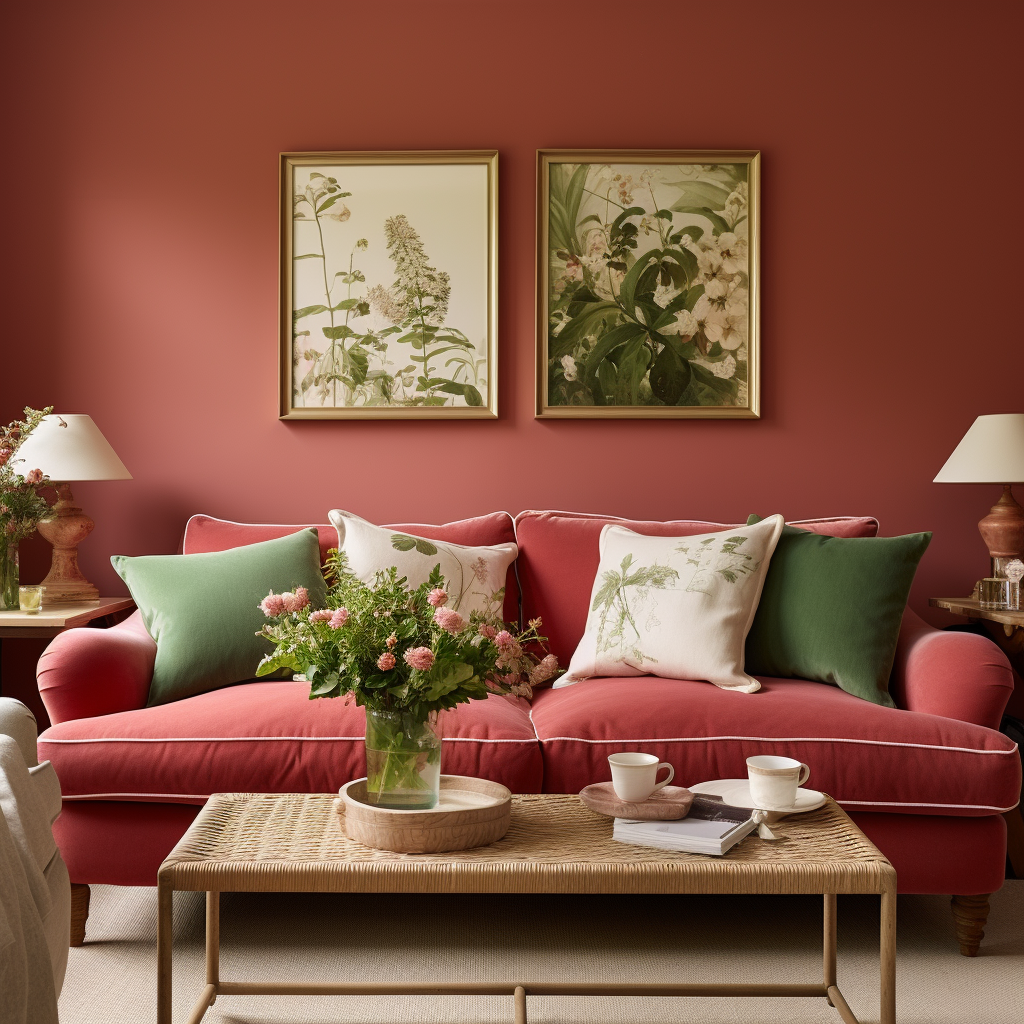 green and floral cushion covers on a red sofa