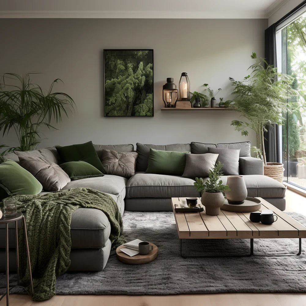 Earthy Elegance: A Balanced   Palette with Green and Grey   Cushions on a Grey Sofa