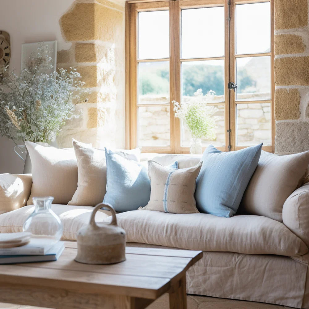 Beachy Keen: The Ultimate   Coastal Vibe with Light Blue and   Beige Cushions on a Cream Sofa