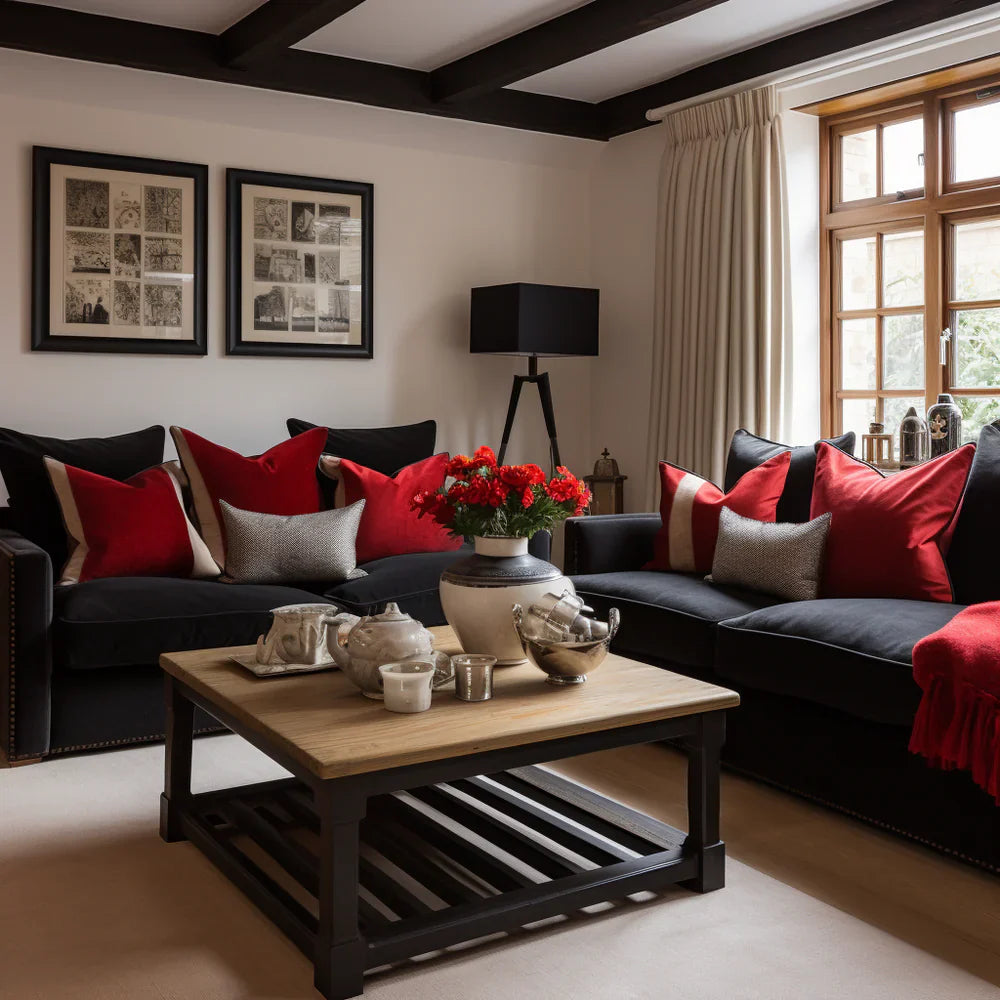 Crimson & Charcoal: Red and   Grey cushion covers on a Black   Sofa