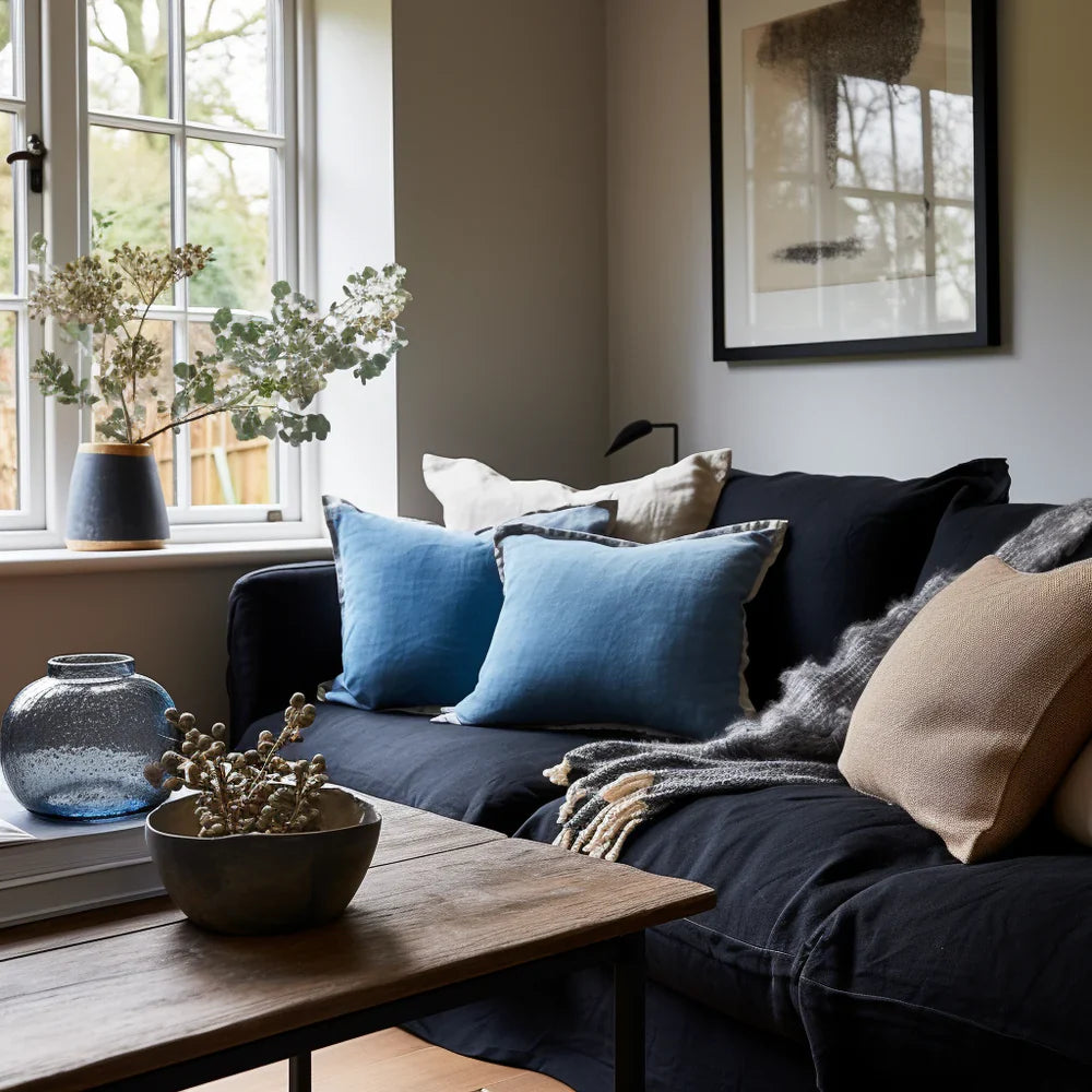 Blue & Beige Cushion Covers   Elegance on a Black Sofa