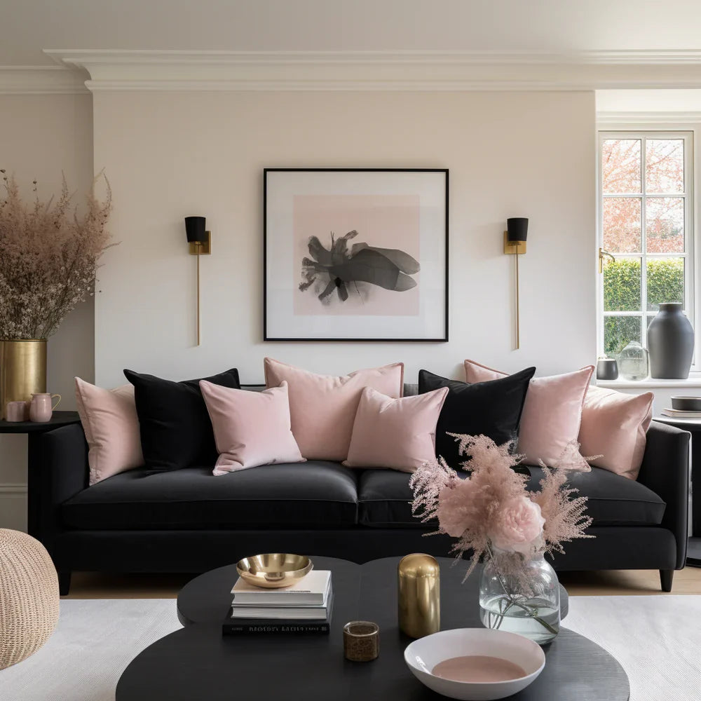 Blush & Noir: Pink and Black   Cushion Covers on a Black Sofa