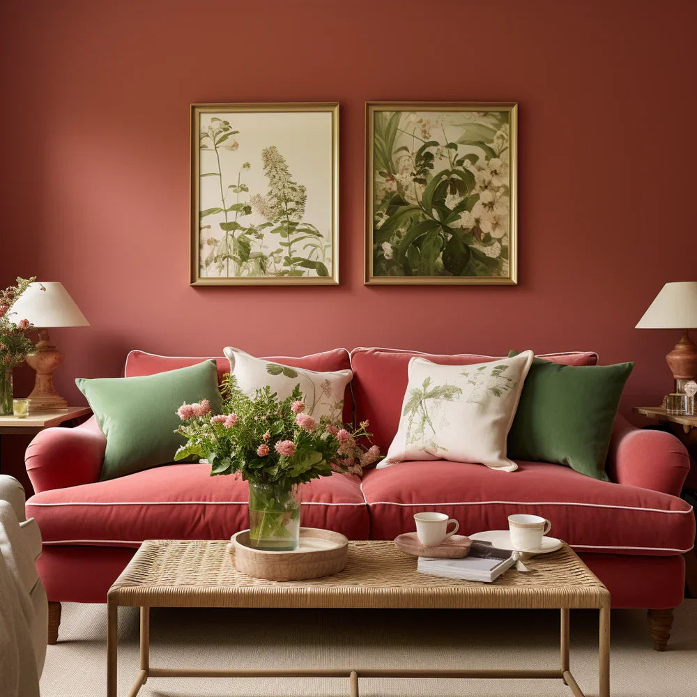 Blossoming Green Cushions and   Floral Cushions on a Red Sofa