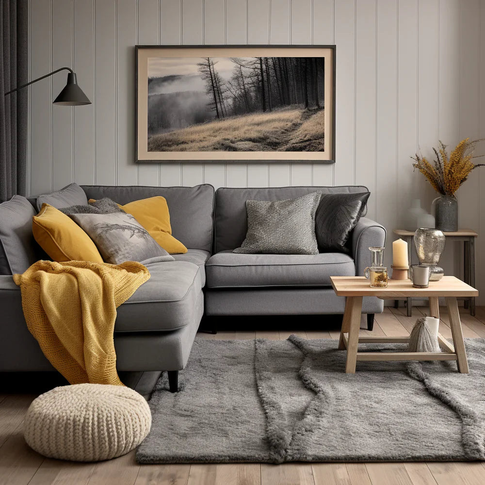 Bright Meets Subtle: Welcome   the unique duo of Yellow and   Grey cushions on a Grey sofa.