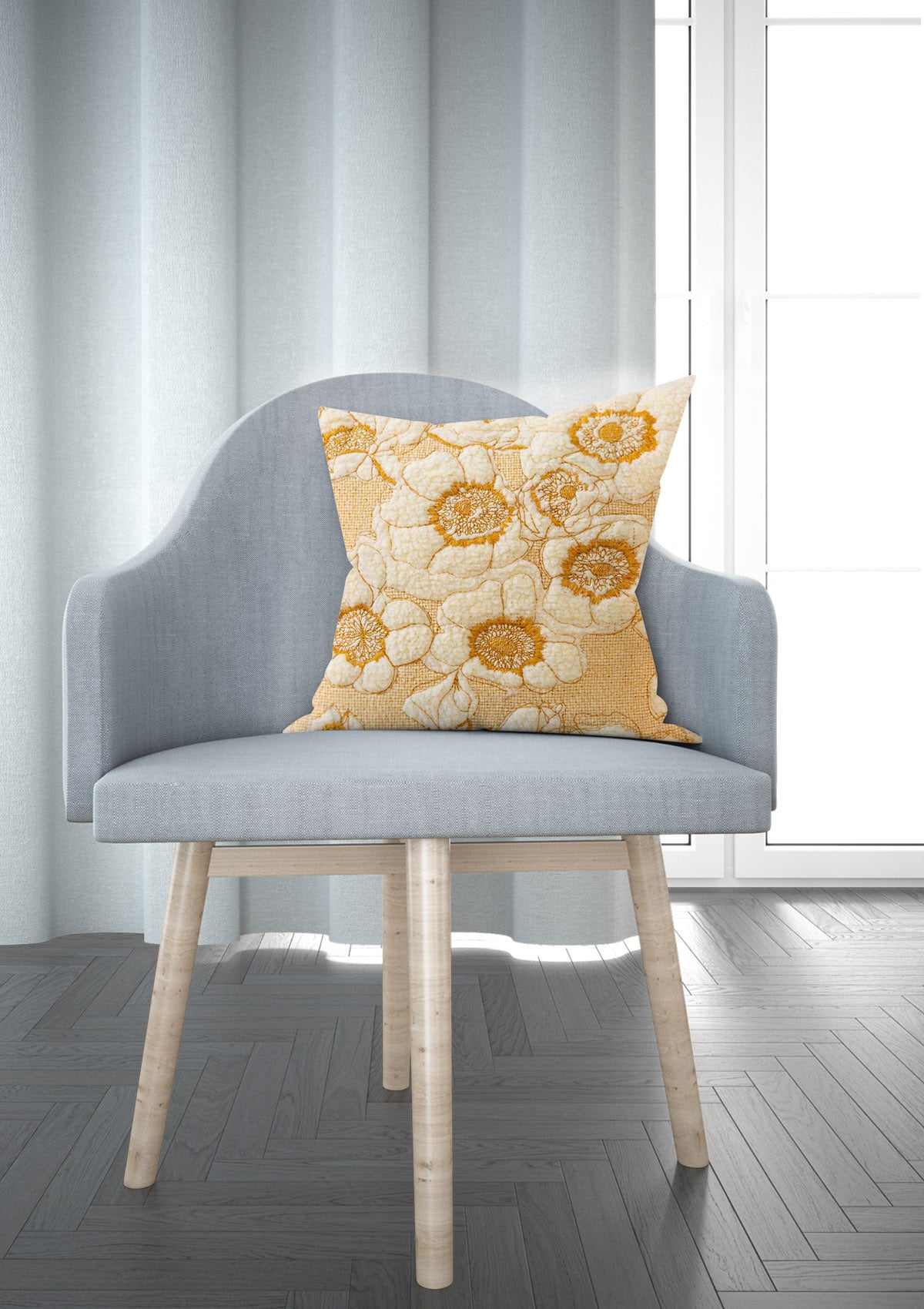 Whimsical daisy cushion cover featuring bright yellow petals