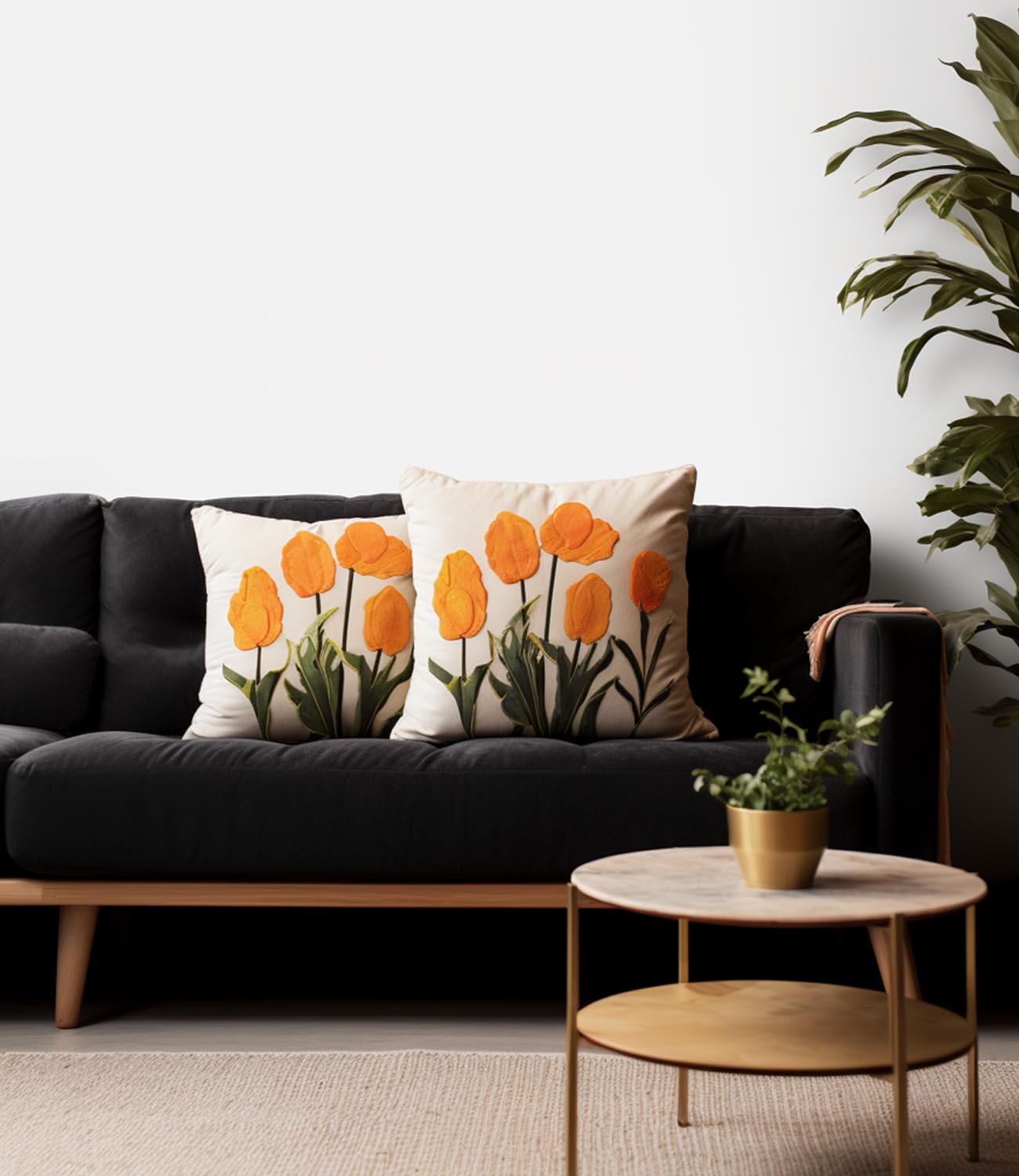 floral cushion covers on black sofa