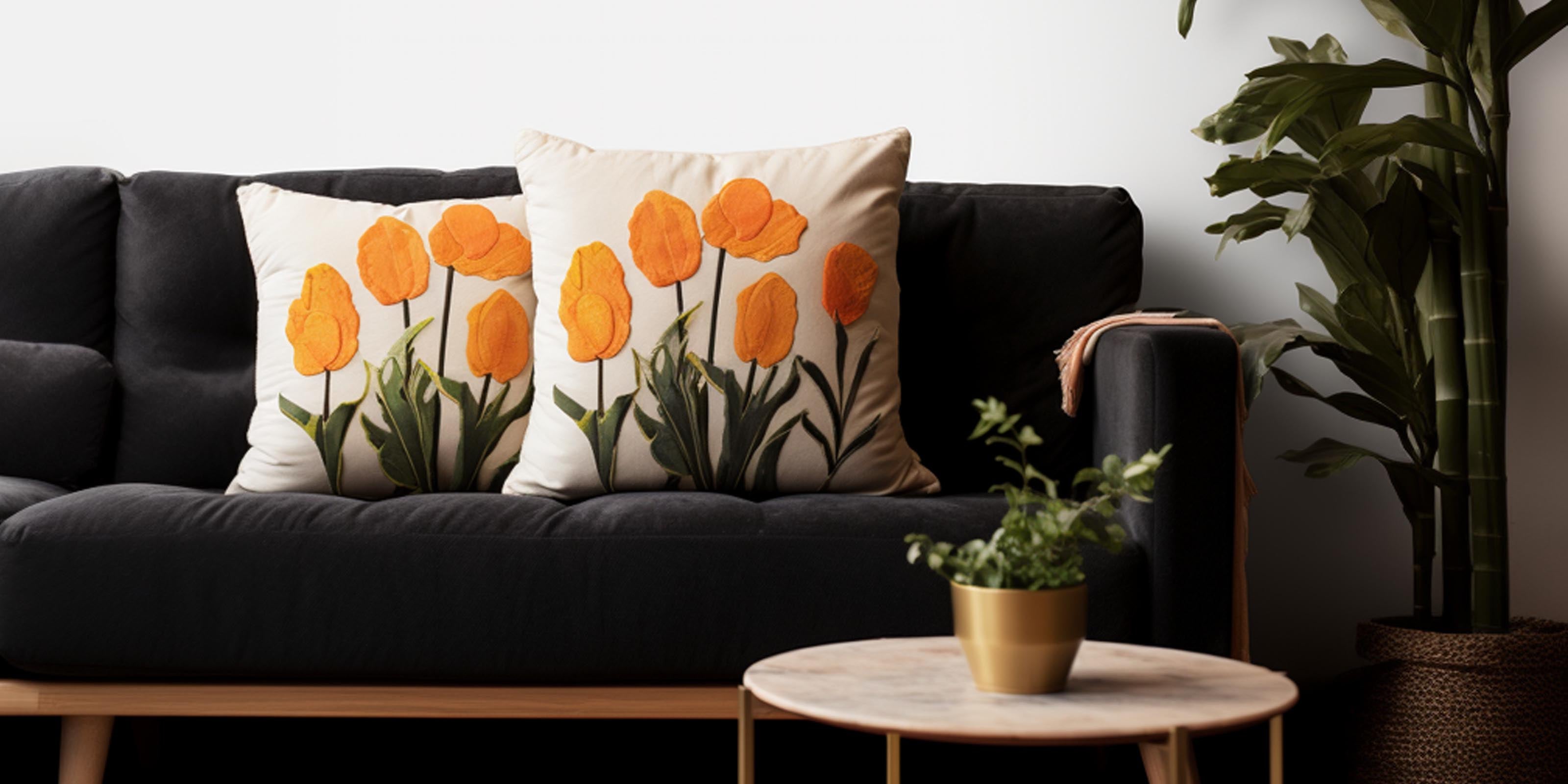 FLORAL cushion covers on black sofa