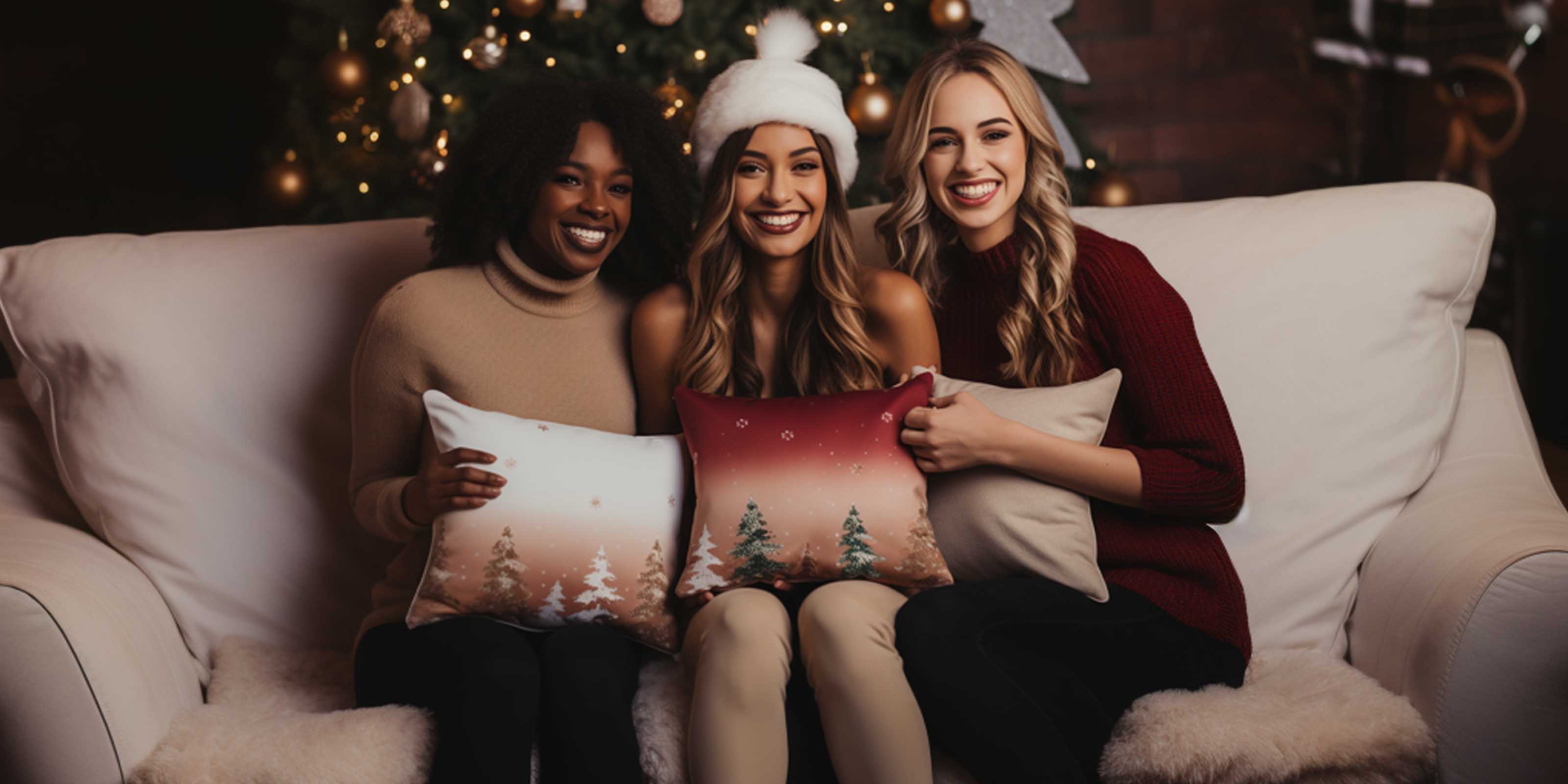 women holding cushion covers for christmas