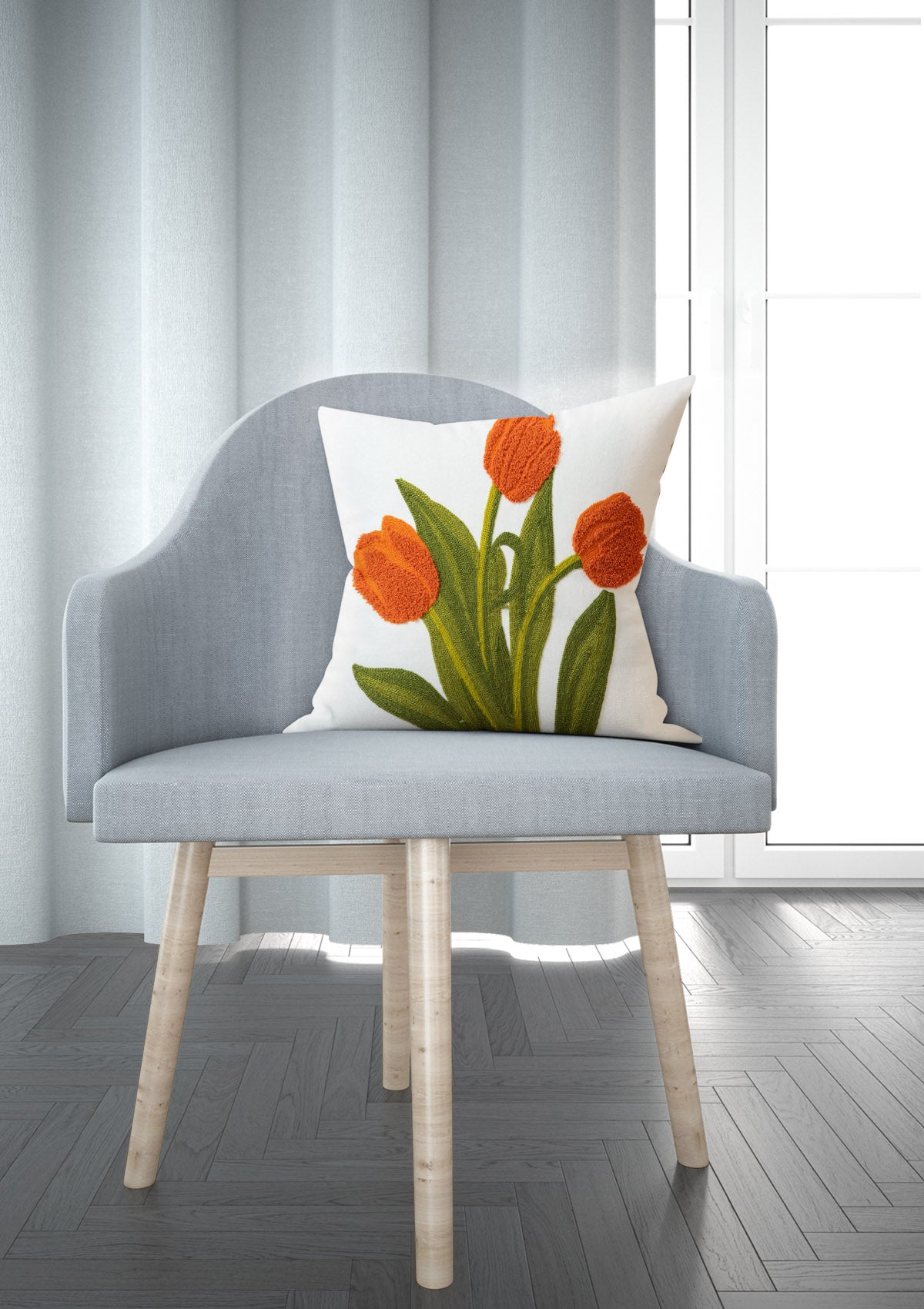 Cushion cover featuring vibrant tulip blooms in various colors, adding a touch of floral charm to your decor