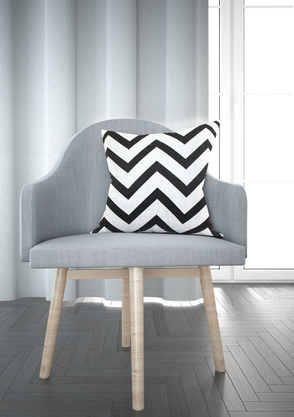 Black and white stripe cushion cover on a modern sofa