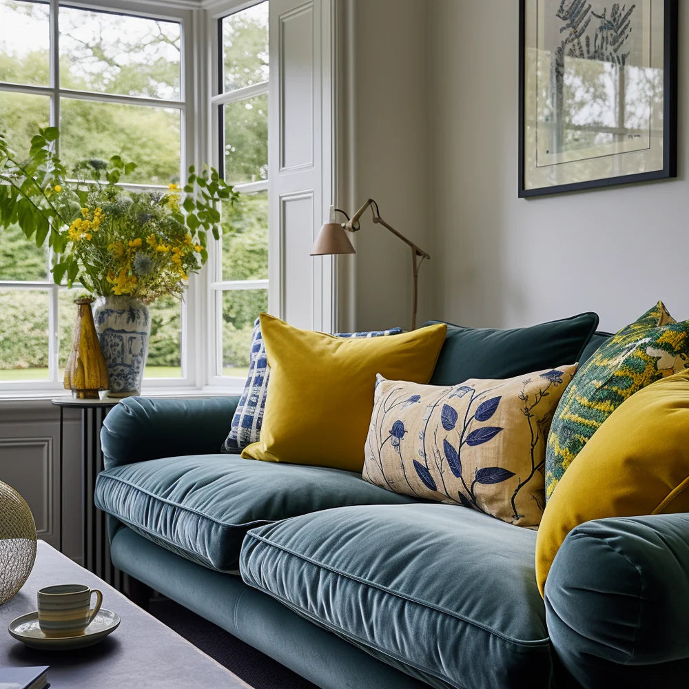 Green cushions on grey sofa hotsell