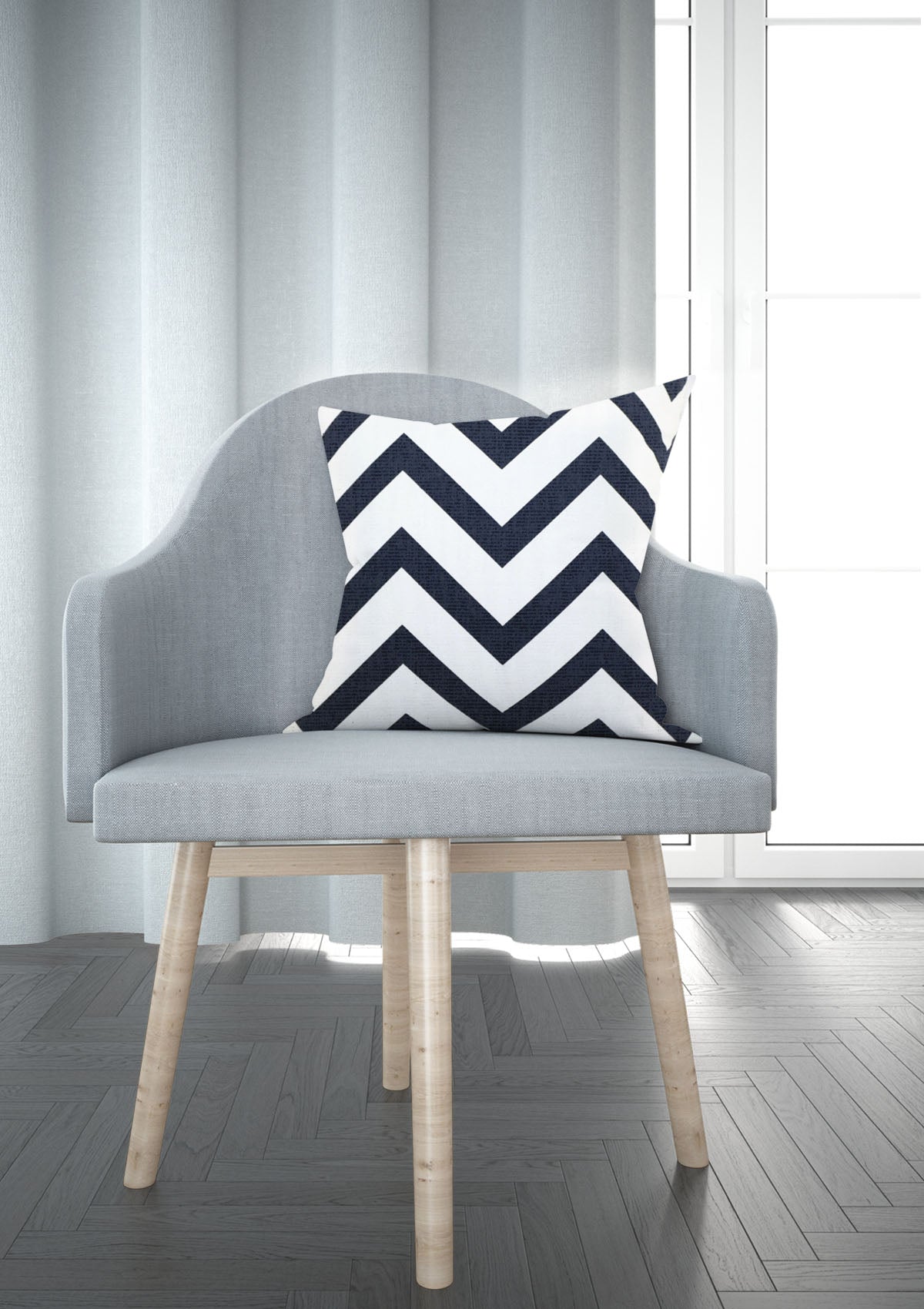 Navy stripe cushion cover on a coastal-inspired chair
