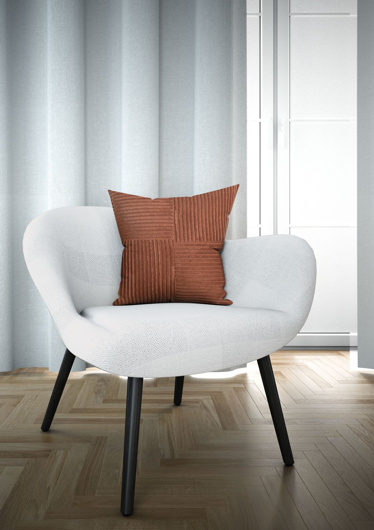 Luxurious rust coloured corduroy cushion with plush texture