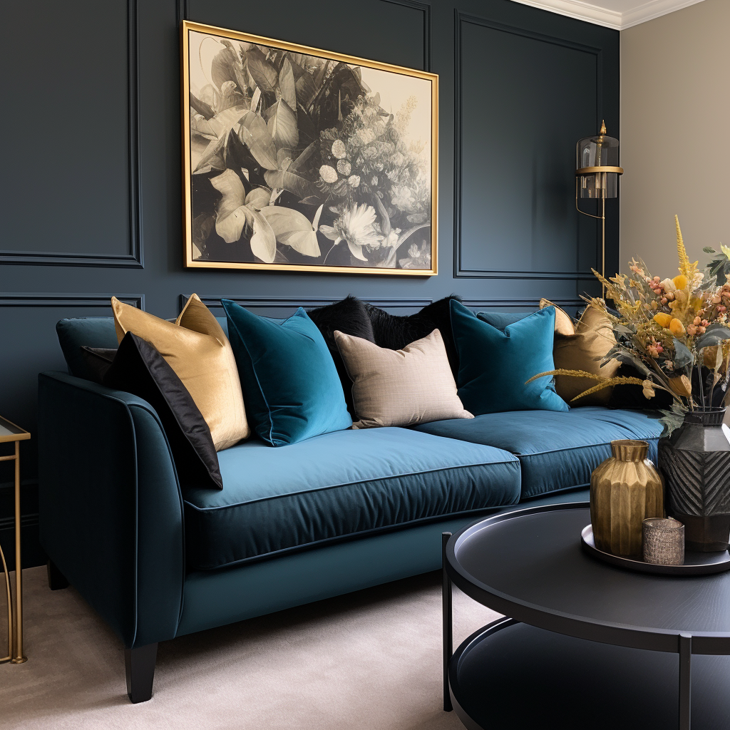 gold teal and grey cushions on a teal sofa