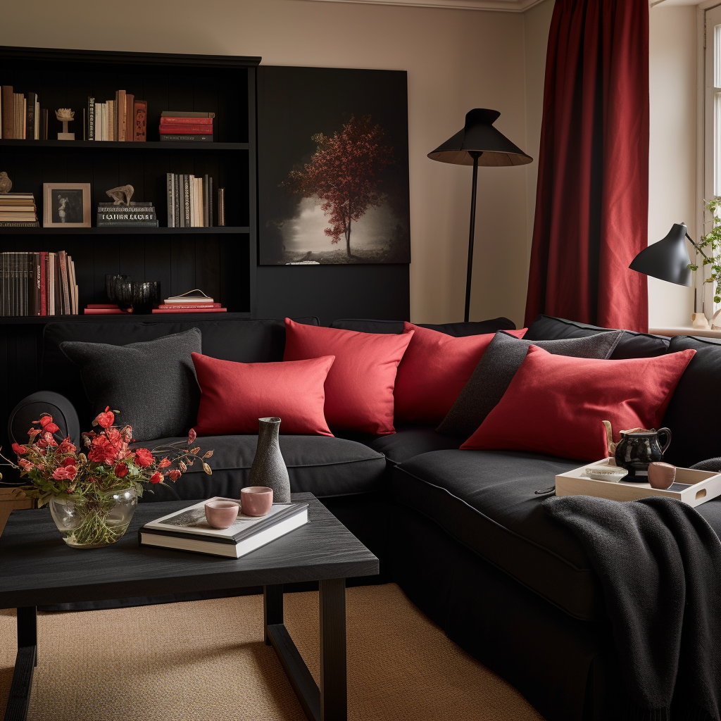 red cushions and black cushions on a black sofa