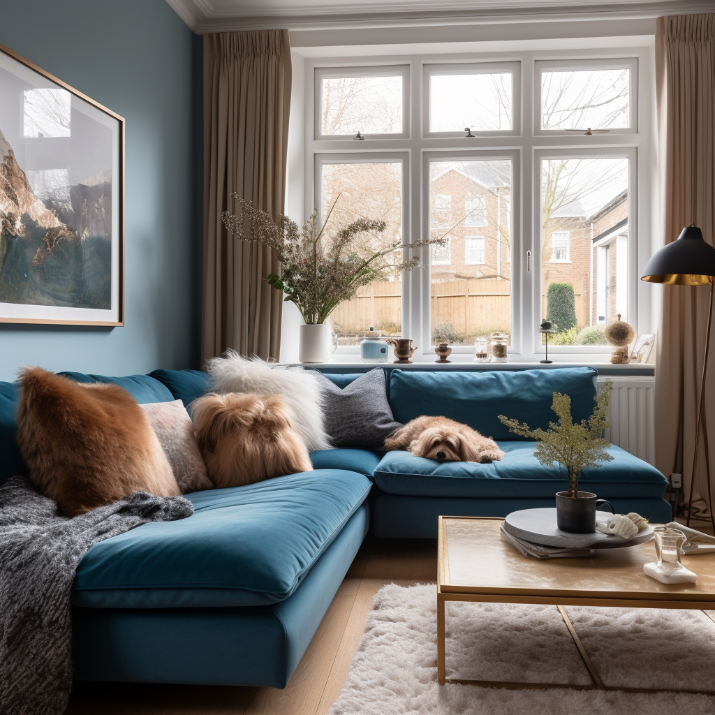 brown sheepskin cushion and white sheepslin cushion on a blue sofa