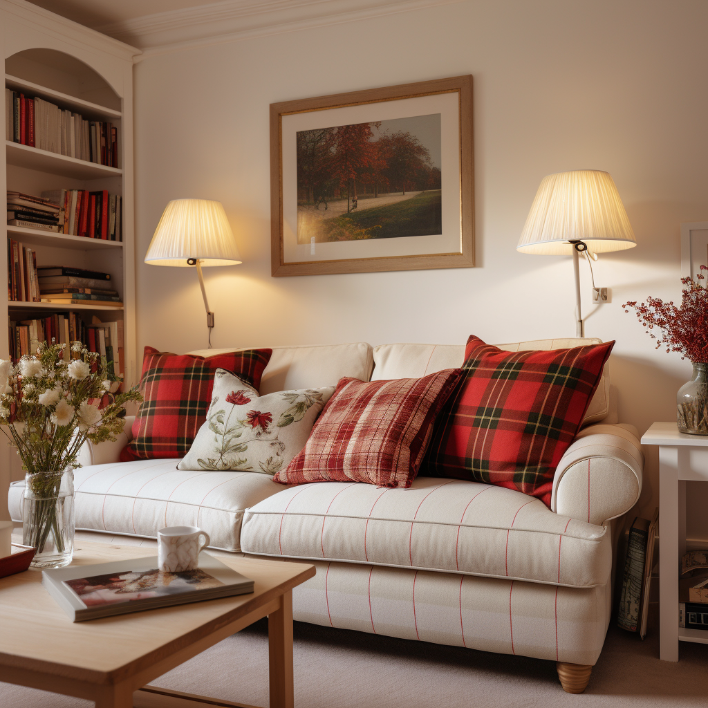 red tartan cushion covers on a cream sofa