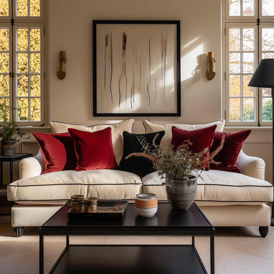 red cushion and black cushion on a cream sofa