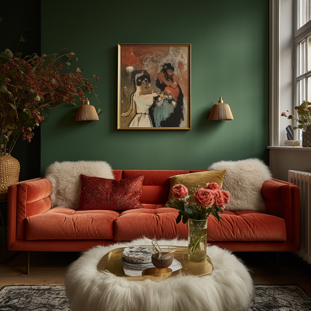 white sheepskin and ochre velvet cushions on a red sofa