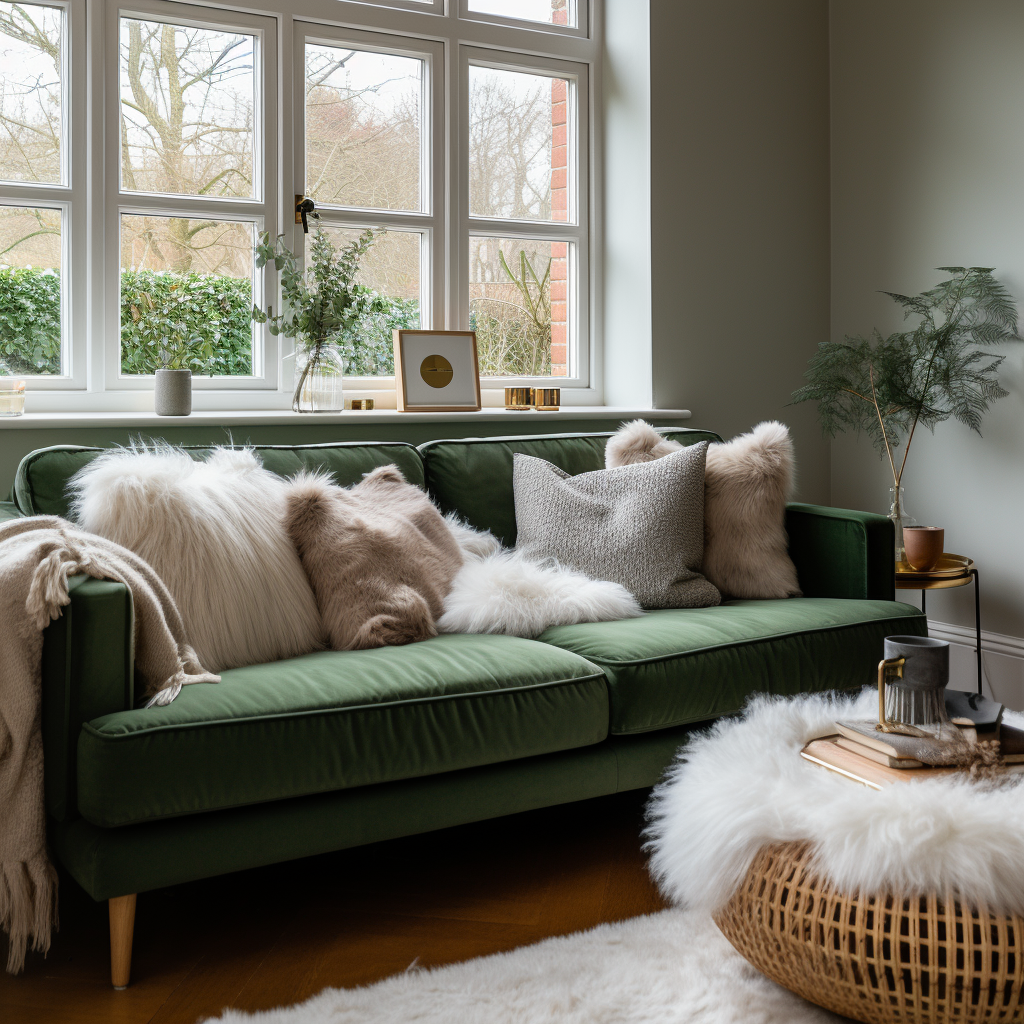 white sheepskin and brown sheepskin cushion cover on a green sofa