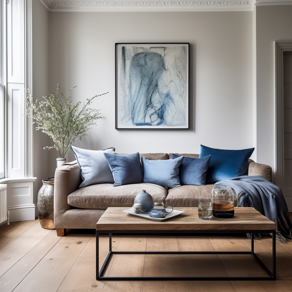 Grey sofa and blue cushions best sale
