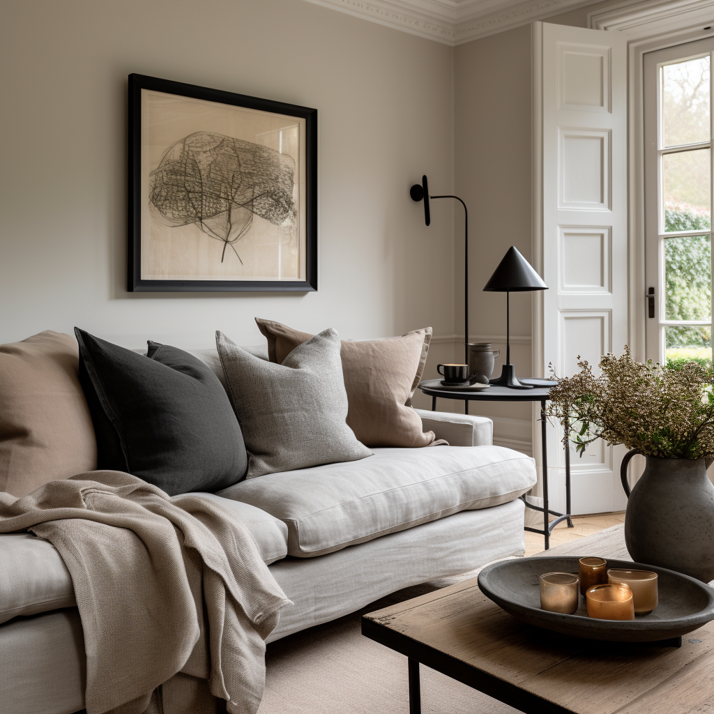 black beige and grey cushions on a cream sofa