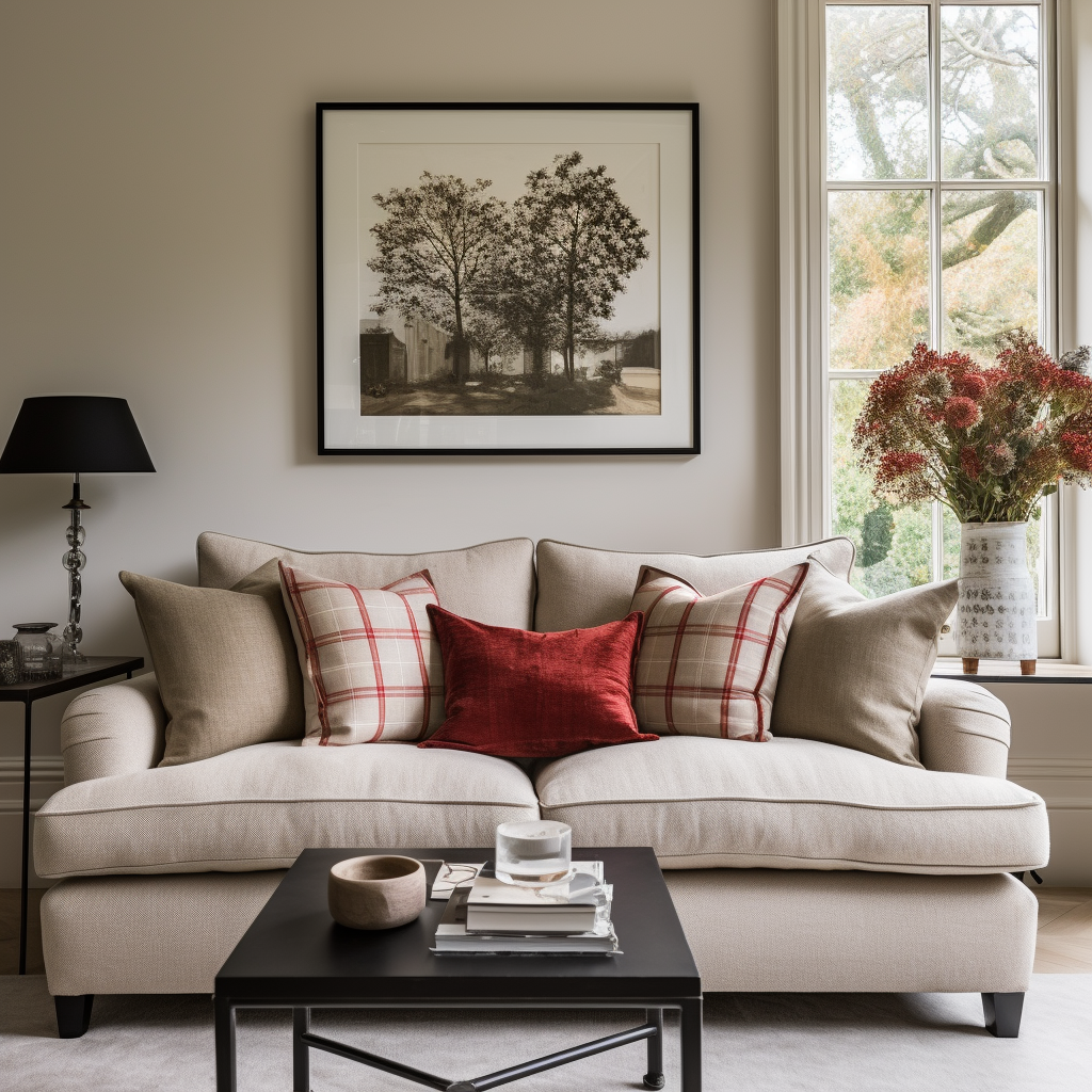 red and beige cushions on a cream sofa
