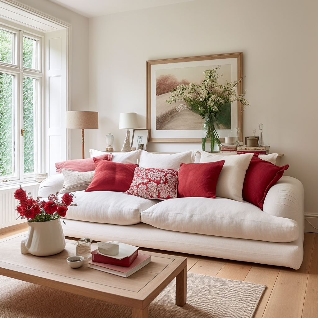 red and white cushion covers on a white sofa