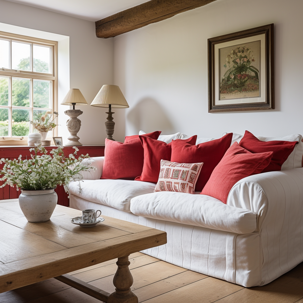 red cushion covers on a white sofa