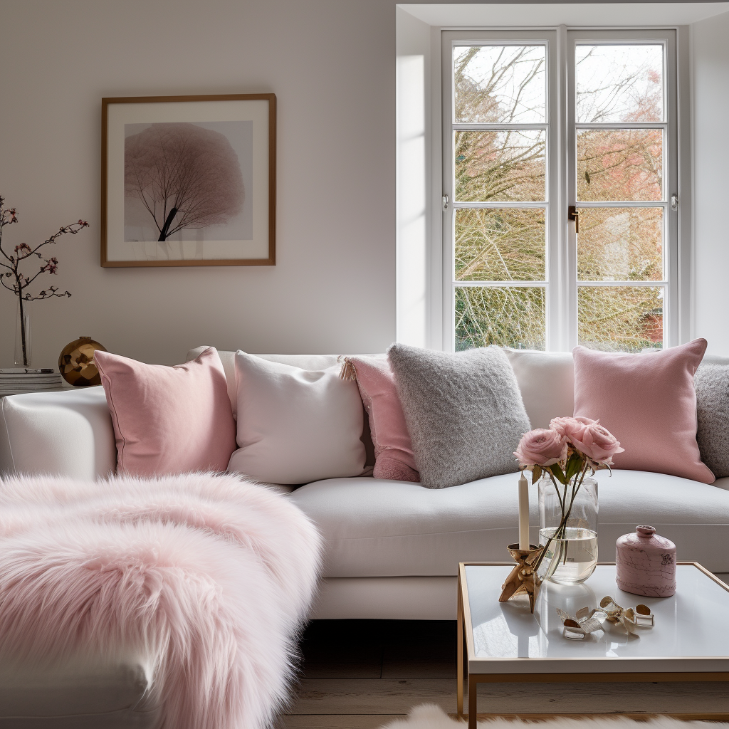 grey and pink cushions on a white sofa
