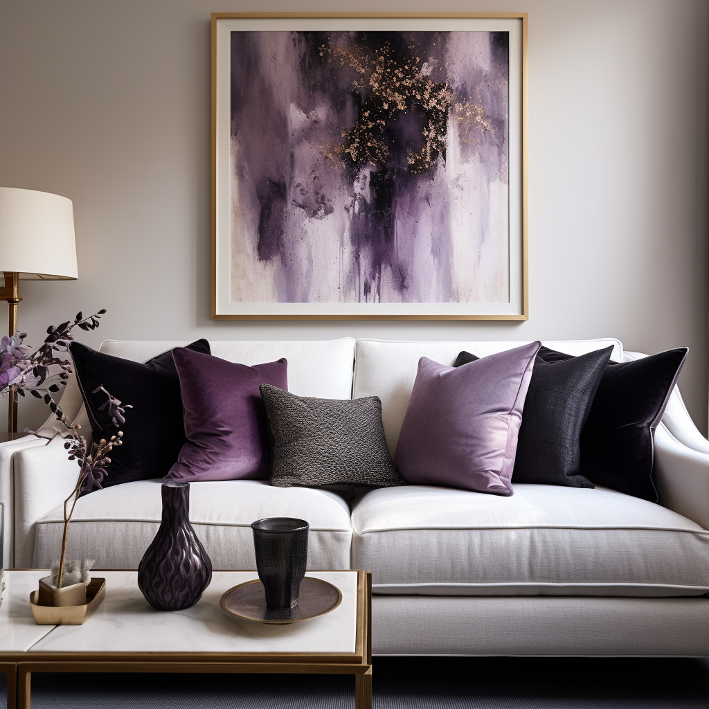 dark purple and light purple cushions and black cushions on a white sofa
