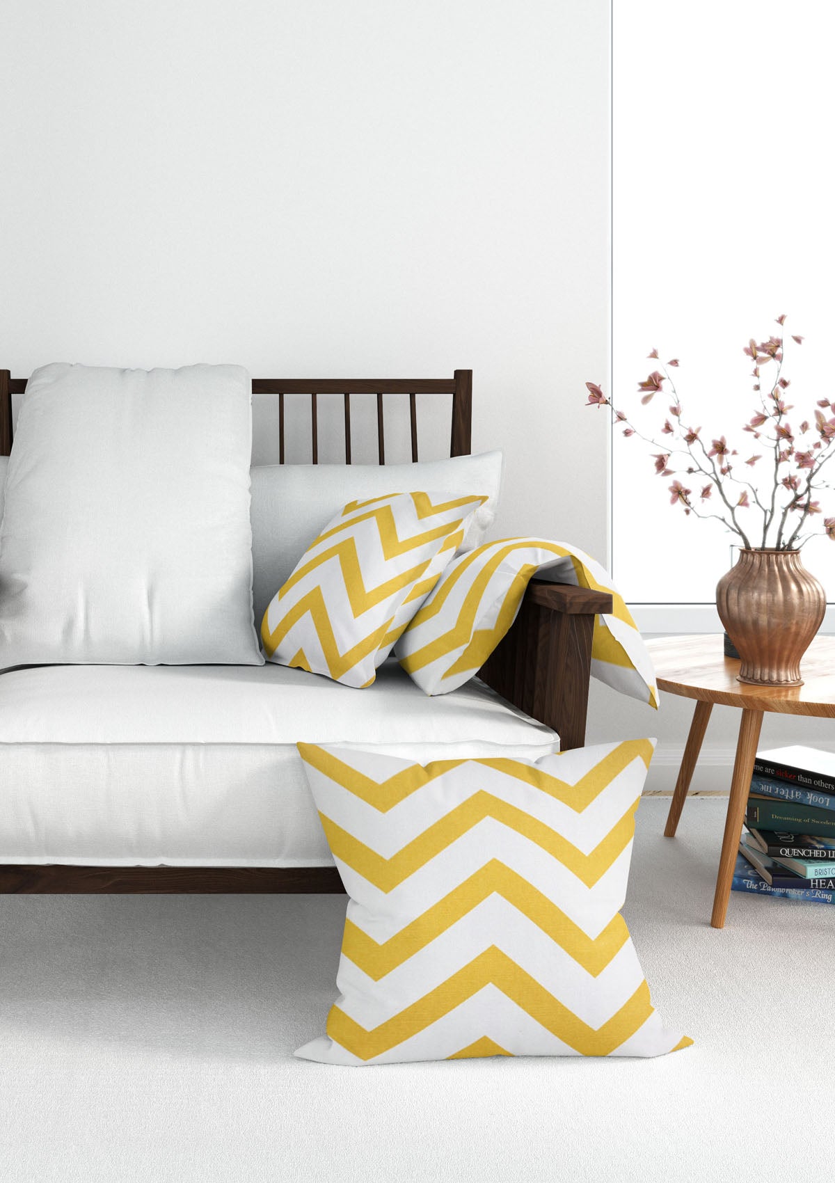 Yellow stripe cotton cushion cover on a sofa